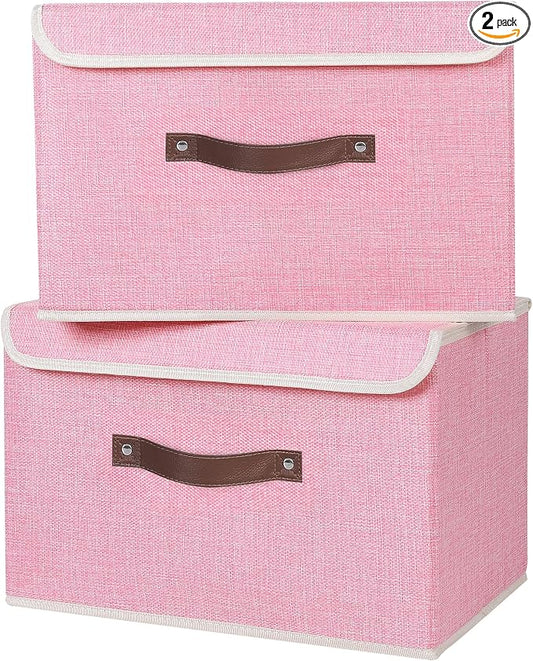 ANMINY 2PCS Storage Bins with Lid PU Leather Handles Storage Boxes PP Plastic Board Decorative Foldable Lidded Cotton Linen Fabric Home Cubes Baskets Closet Organizer Containers - Pink, Large Size by ANMINY