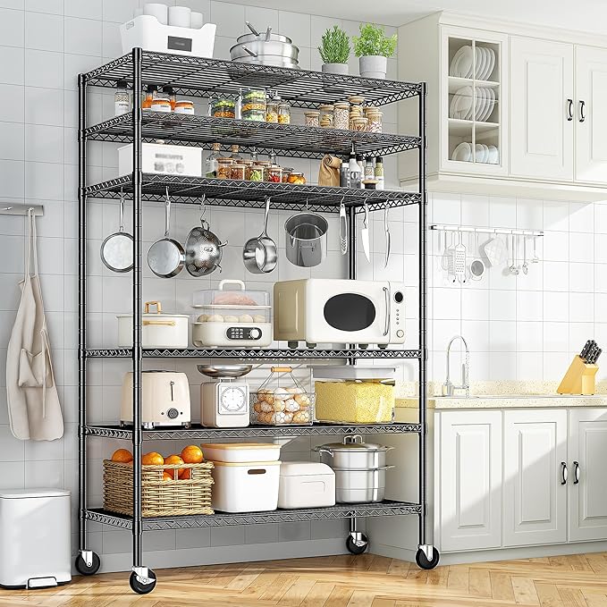 Romorgniz 82" H X45 W X18 D Storage Shelves with Wheels, 6 Tier Wire Shelving Adjustable Metal Shelving Pantry Shelves Capacity 1200LBS for Garage Shelving, Pantry, Kitchen, Closet, Black,2P - Image 2