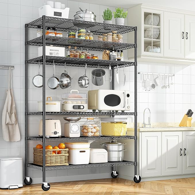 Romorgniz 82"H X45"W X18"D Storage Shelves with Wheels, 6 Tier Wire Shelving Adjustable Metal Shelving Pantry Shelves Capacity 1200LBS for Garage Shelving, Pantry, Kitchen, Closet, Commercial, Black - Image 2