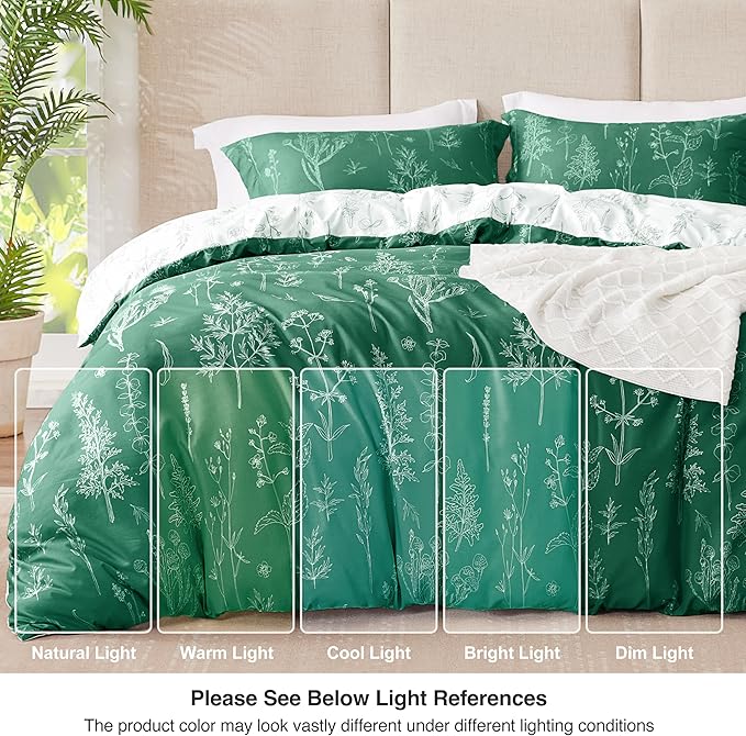 Love's cabin Emerald Comforter Set Queen - Queen Size Comforter Set, 3 Pieces Cute Floral Bedding Sets for All Seasons,1 Soft Reversible Botanical Flowers Comforter and 2 Pillow Shams