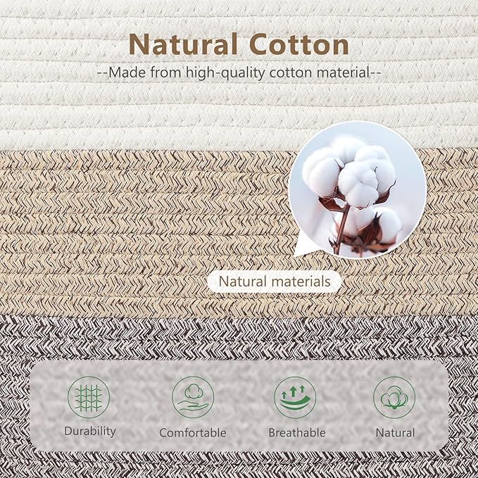 ECDYQXVU Cotton Rope Storage Basket, 15x10x9 Inches, Woven Basket for Shelves, Clothes, Towels, Books, and Laundry, White Brown (1 Pack) - Image 2
