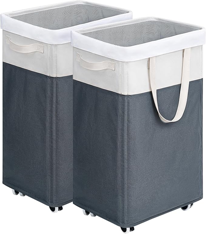 Goodpick Laundry Baskets 2-Pack, 75L Hamper with Wheels, Foldable Laundry Baskets with Removable Wash Bags, Rolling Laundry Hamper for Corner Dorm, Slim Laundry Basket, Grey&White by Goodpick