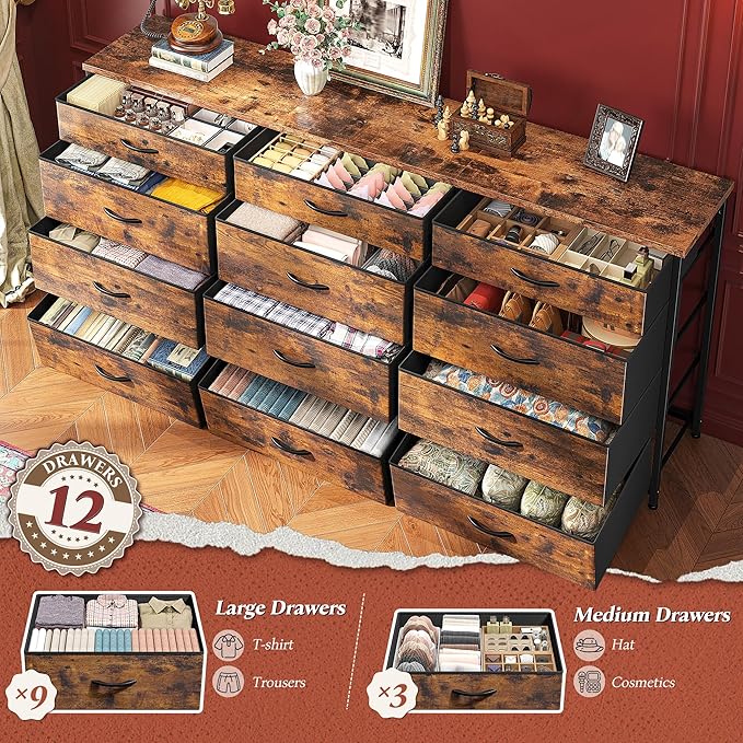 Romorgniz 55" Dresser for Bedroom with 12 Fabric Drawers, Entertainment Center for 60 inch TV Dressers & Chests of Drawers Large Organizer, Living Room, Metal Frame, Wood Top, Rustic Brown
