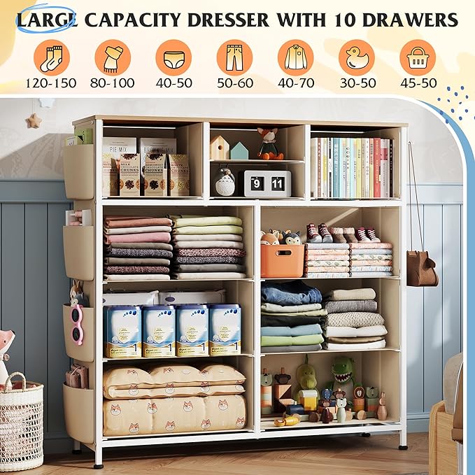 WLIVE Fabric Dresser for Bedroom with 10 Drawers, Chest of Drawers with Side Pockets and Hooks, Sturdy Metal Frame, Drawers Organizer Unit for Living Room, Hallway, Cream White