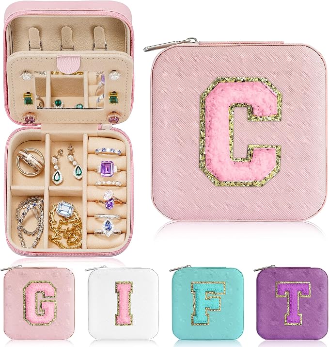 Parima Travel Essentials for Women Jewelry Box, Travel Accessories for Teen Girls Trendy Stuff | Necklace Organizer Earrings Organizer Ring Organizer - Letter C, Pink by PARIMA