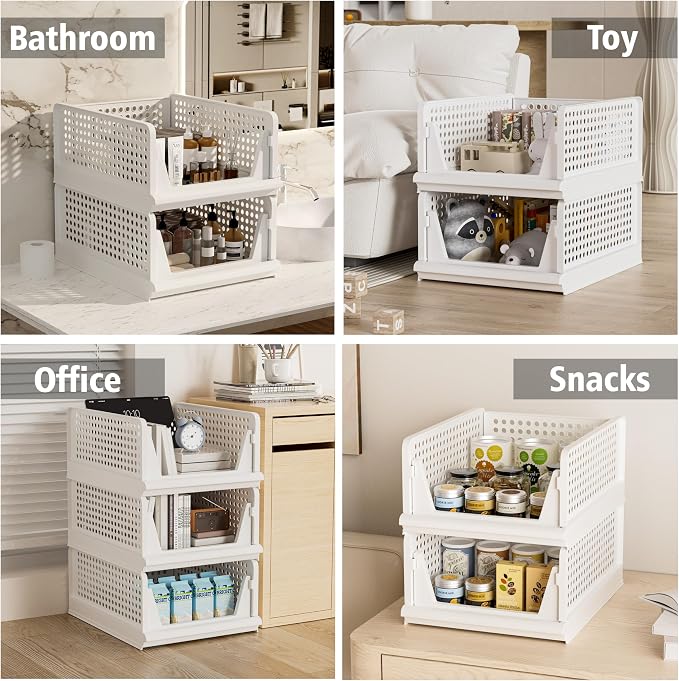 Proarea 5 Pack Stackable Plastic Storage Basket Closet Organizer Bin Foldable Clothes Organizer Storage Drawer Shelf Container for Living room Bathroom Kitchen Office (3L+2S), White, YG-3L2S - Image 7