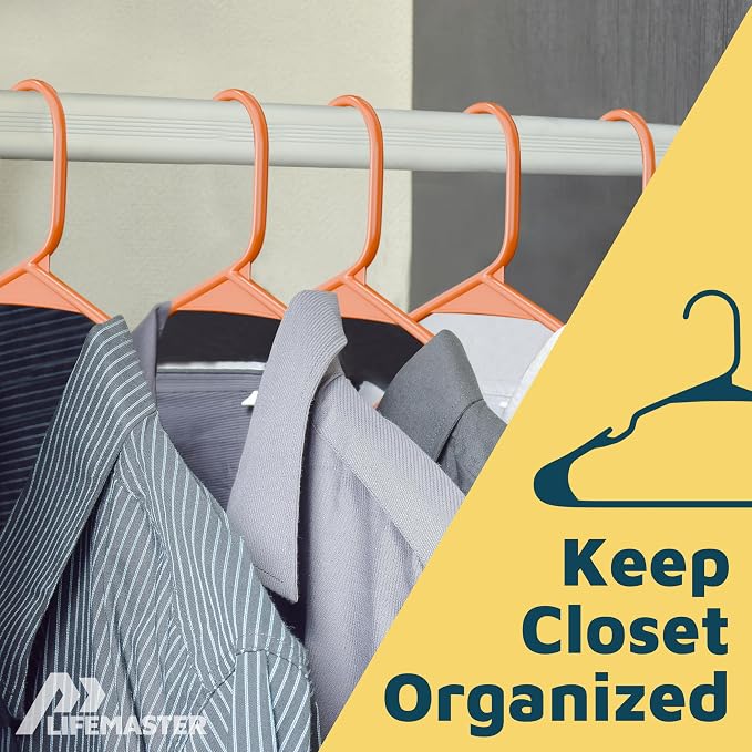 Lifemaster Plastic Clothes Hangers – Heavy Duty Hanger Set, for Organizing Clothes, Dresses, and Coat, Holds Up to 5 lbs, Space-Saving Hangers with Non-Slip Shoulder Grooves, Pack of 50, Orange - Image 5