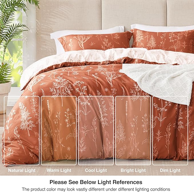 Love's cabin Terracotta Comforter Set Queen - Queen Size Comforter Set, 3 Pieces Cute Floral Bedding Sets for All Seasons,1 Soft Reversible Botanical Flowers Comforter and 2 Pillow Shams
