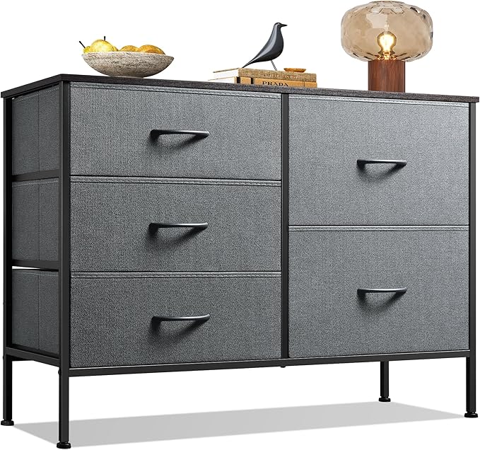 WLIVE Dresser for Bedroom with 5 Drawers, Wide Storage Dresser with Drawer Organizers, Chest of Drawers, Fabric Dressers for Living Room, Closet, Hallway, Dark Grey