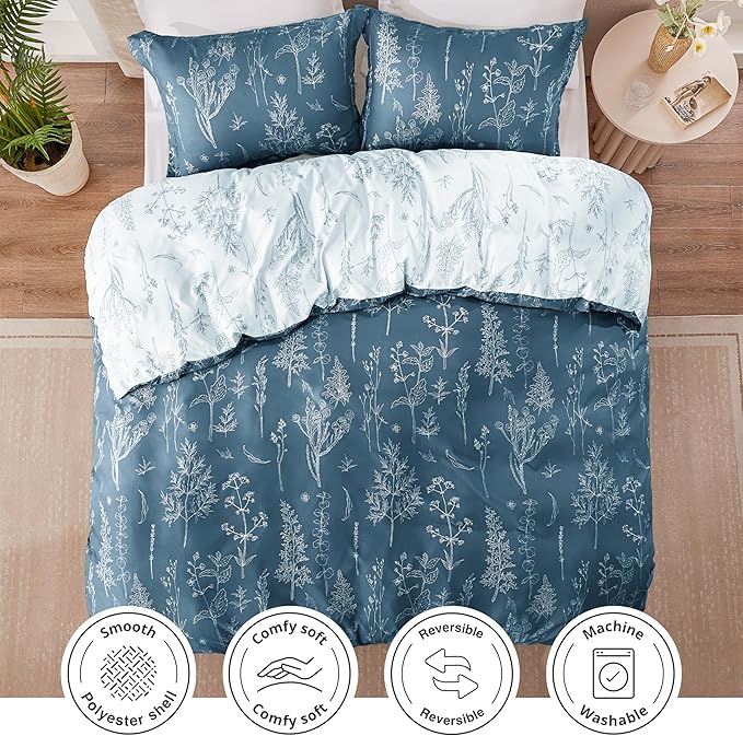 Love's cabin Bluish Grey Twin Comforter Set - Twin XL Size Comforter Set Dorm Bedding, 2 Pieces Cute Floral Bedding, Reversible Flowers Comforter, 1 Comforter & 1 Pillow Sham