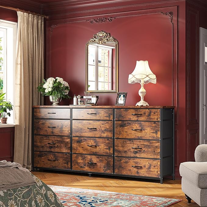 Romorgniz 55" Dresser for Bedroom with 12 Fabric Drawers, Entertainment Center for 60 inch TV Dressers & Chests of Drawers Large Organizer, Living Room, Metal Frame, Wood Top, Rustic Brown