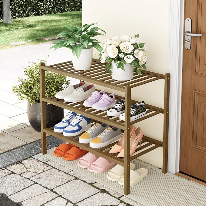 Smiry Shoe Rack, 3 Tier Thick Bamboo Shoe Organizer, Stackable Free Standing Wooden Shoe Storage Shelf for Closet, Entryway, Front Door Entrance, Walnut - Image 7