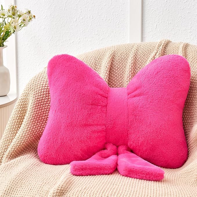 Hot Pink Bow Pillow,16'' Bow Decorative Pillows with Faux Rabbit Fur,Soft Bow Throw Pillows Aesthetic Bow Shaped Pillow for Bed Sofa Couch Home Decor