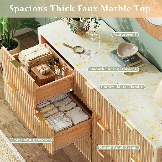 HUAHUU Fluted Dresser for Bedroom with 7 Drawers, 53" Wide Mid Century Modern Dressers with Faux Marble Top & Metal Handle, Wooden Chest of Drawers TV Stand, Natural Oak