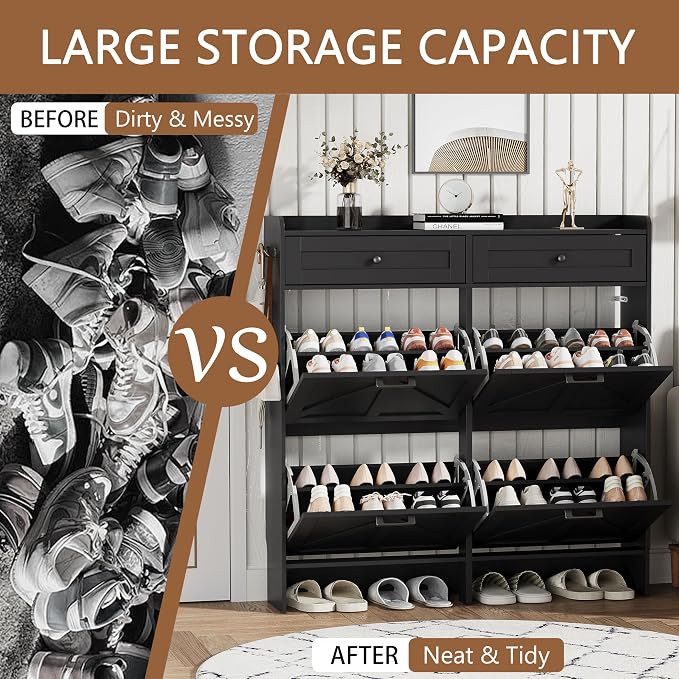 Shoe Cabinet with 4 Flip Drawers & 2 Top Drawers, 43" Tall Freestanding Narrow Wooden Shoe Storage Organizer for Entryway, Hidden Slim Shoe Rack for Front Door Entrance, Hallway, Living Room, Black - Image 7