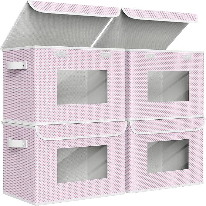 Univivi Fabric Foldable Storage Boxes [4-Pack] Large Collapsible Stackable Storage Bins with Lids, Closet Organizers and Storage Cube Basket for Home, Office, Bedroom (Pink, 17”x 12” x 12”) by Univivi