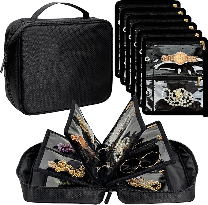 Travel Jewelry Organizer Case,Jewelry Bags for Traveling, Jewelry Binder with 24 Pcs Clear Zipper Velvet Pouches for Storing Earrings, Rings, Necklace, Bracelet, Watch (Black) by LingLingo