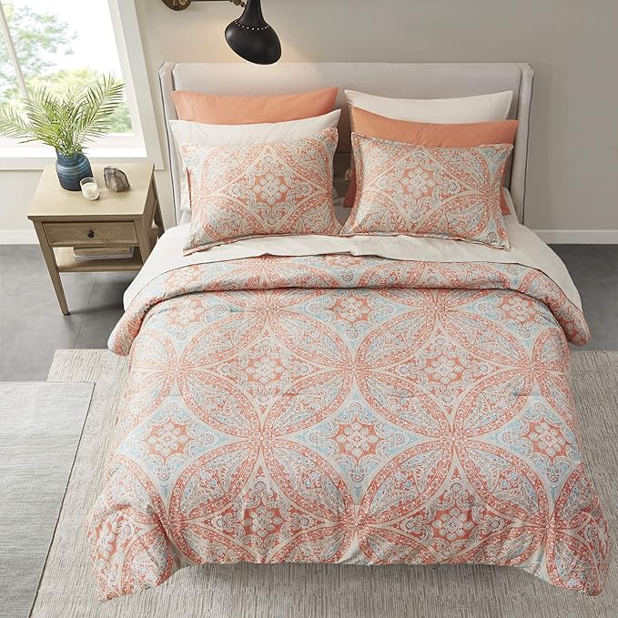 Comfort Spaces Bed in A Bag - Trendy Casual Design Cozy Comforter with Complete Sheet Set with Side Pocket, All Season Cover, Matching Shams, Queen(90"x90"), Gloria, Damask Coral 9 Piece