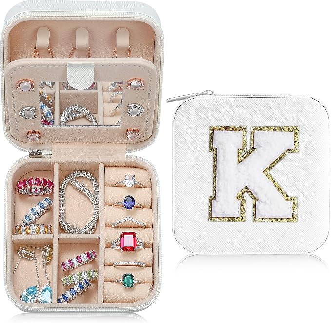 Parima Gift for Women - Personalized Birthday Gift for Woman Her, Travel Gifts, Small Gifts, Cute Travel Jewelry Cases Small Jewelry Box | Letter K, White by PARIMA