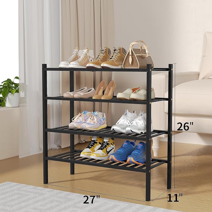 ROMGUAR CRAFT 4 Tier Bamboo Shoe Rack for Closet Free Standing Wood Shoe Shelf for Entryway Small Space Stackable 27"x11"x26" (Black) - Image 3