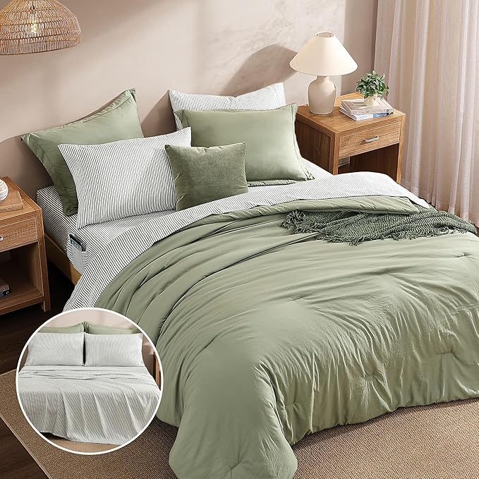 Monbix Oversized Queen Size Comforter Set - 7 Pieces Green Prewashed Bed in a Bag Bedding Sets with Comforters, All Seasons Ultra Soft Comforter Bed Set with Sheets, Pillowcases & Shams