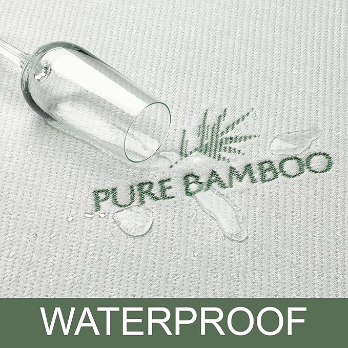Queen Mattress Protector by PURE BAMBOO, Waterproof - Viscose Derived from Bamboo, Breathable, Noiseless Mattress Cover Protects Against Moisture, Spills, Stains (Queen)
