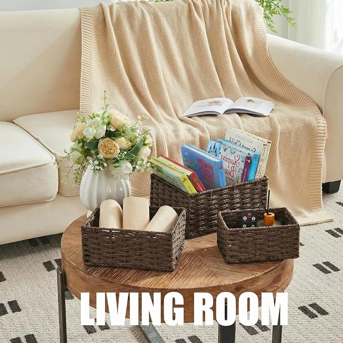 Small Wicker Basket for Organizing, Woven Storage Basket Set of 3 - Handwoven Natural Paper Rope Baskets to Declutter Any Room, Perfect for Organizing and Home Decor (Coffee) - Image 2