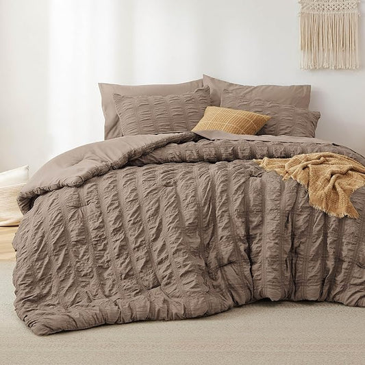 Bedsure Bed in a Bag Full - 7 Pieces Plaid Seersucker Bedding Comforter Sets, Soft Lightweight Affogat Boho Bed Set with Comforters Full Size, Sheets, Pillowcases & Shams