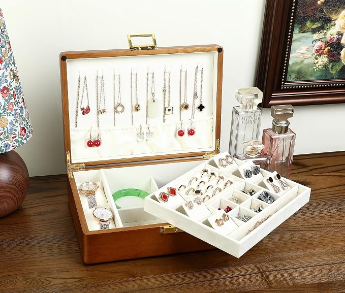 Solid Walnut Wood Jewelry Box with Lock, 2-Layer Vintage Jewelry Organizer for Men Women, Velvet-Lined Storage Chest with Key Lock (Beige)​ - Image 3