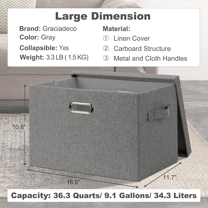 Graciadeco Large 17" 36 Quart Collapsible Stackable Storage Bins with Lids, 1 Pack Grey Foldable Fabric Closet Storage Boxes with Lids, 4 Handles Heavy-duty Linen Cube Baskets for Bedroom - Image 2