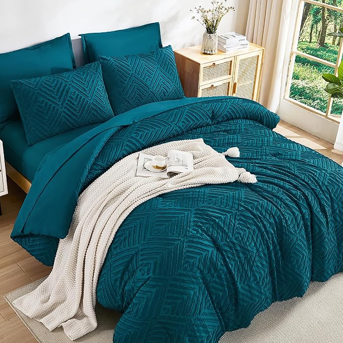 Andency Super King Plus Comforter Set Teal - 7 Pieces Bed in a Bag Oversized King Bedding Sets, Boho Tufted Lightweight Fluffy Bed Set with Comforter, Sheets, Pillowcases & Shams