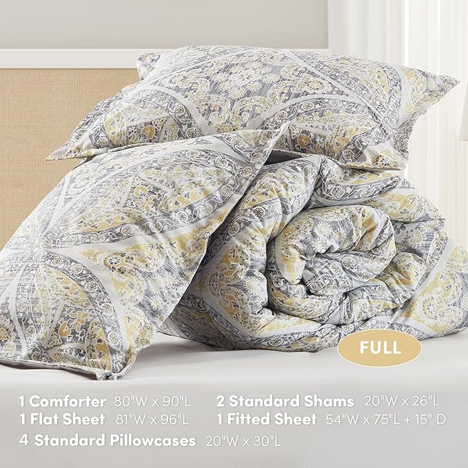 Comfort Spaces Bed in A Bag Comforter Set - Trendy Casual Design Full Comforter with Complete Sheet Set with Side Pocket, All Season, Shams, Gloria, Full Grey/Yellow 9 Piece