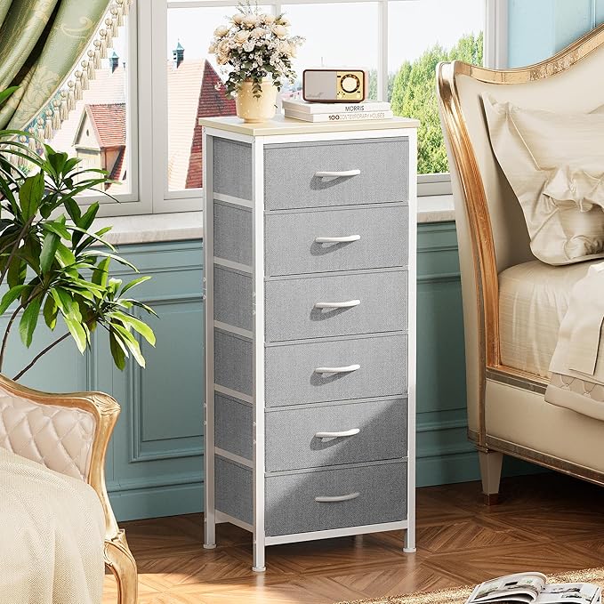 Huuger 43.3 Inch Tall Dresser for Bedroom, 6 Drawer Night Stand & Chests of Drawers, Fabric Dresser for Closet, Bedroom, Nightstand, End Table with Metal Frame, Storage Tower with Fabric Bins, Grey - Image 5