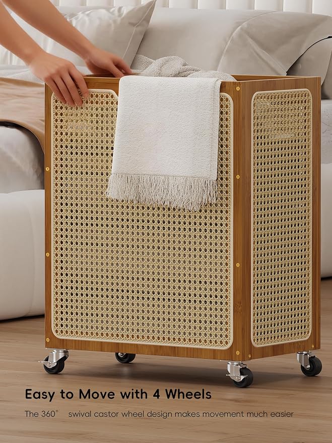 Laundry Hamper with Wheels, Decorative Boho Rattan Laundry Baskets, 90L Large Bamboo Dirty Clothes Basket Organizer, Rolling Wicker Laundry Hampers for Bathroom,Bedroom - Image 4