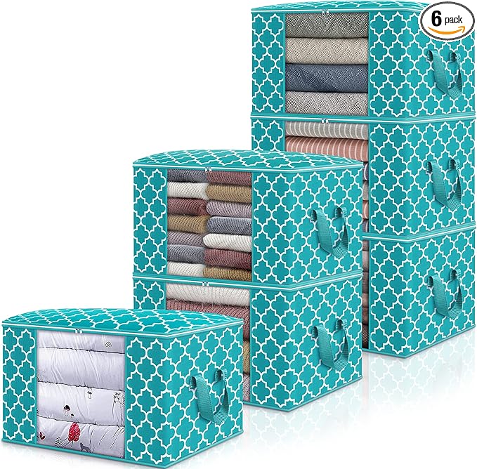 WISELIFE Storage Bags 100L [6 Pack] Large Blanket Clothes Organization and Storage Containers for Bedding, Comforters, Foldable Organizer with Reinforced Handle, Clear Window, Sturdy Zippers, Green