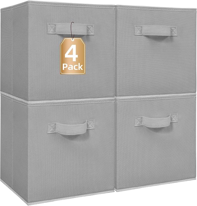 STORAGE MANIAC Storage Cubes, 11 Inch Collapsible Storage Bins with Handles, 4 Pack Fabric Foldable Bins for Organization, Durable Storage Bins for Closet, Shelves, Offices, Toys, 4-Pack Grey by STORAGEMANIAC