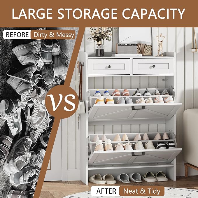 Shoe Cabinet with 2 Flip Drawers & 2 Top Drawers, 43" Tall Freestanding Narrow Wooden Shoe Storage Organizer for Entryway, Hidden Slim Shoe Rack for Front Door Entrance, Hallway, Living Room, White - Image 7