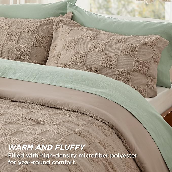 Bedsure Full Size Comforter Set Khaki, Boho Tufted Bed Set, Checkered Farmhouse Shabby Chic Bedding, 3 Pieces, 1 Plaid Geometric Comforter and 2 Pillow Shams