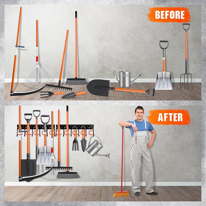 ELEAD 68'' All Metal Adjustable Garden Tool Organizer: Garage Tool Organizer Wall Mount with Orange Hooks, Garage Organizers and Storage, Tool Hangers for Shed - Image 6