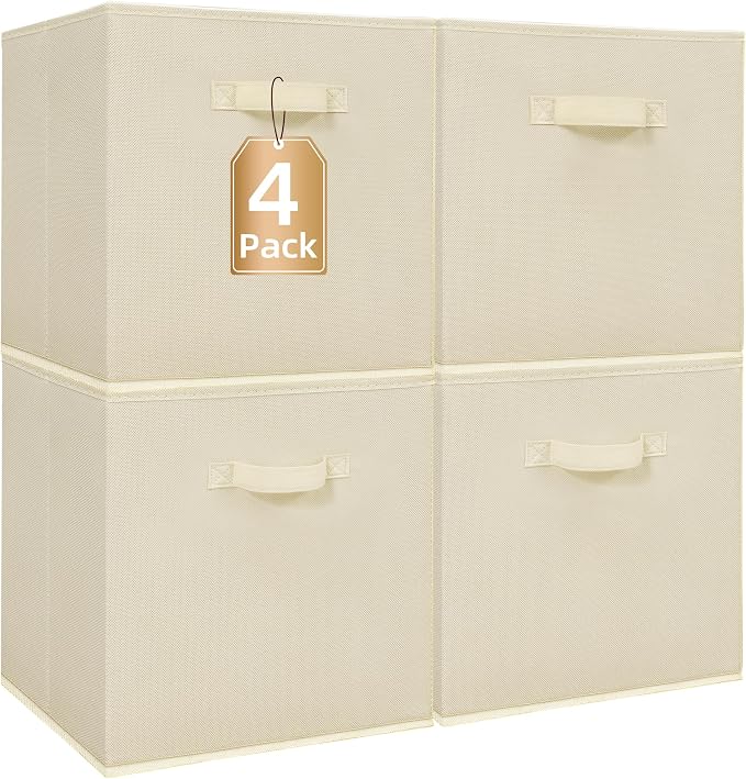 STORAGE MANIAC Storage Cubes, 13 Inch Collapsible Storage Bins with Handles, 4 Pack Fabric Foldable Bins for Organization, Durable Storage Bins for Closet, Shelves, Offices, Toys, 4-Pack Beige by STORAGEMANIAC