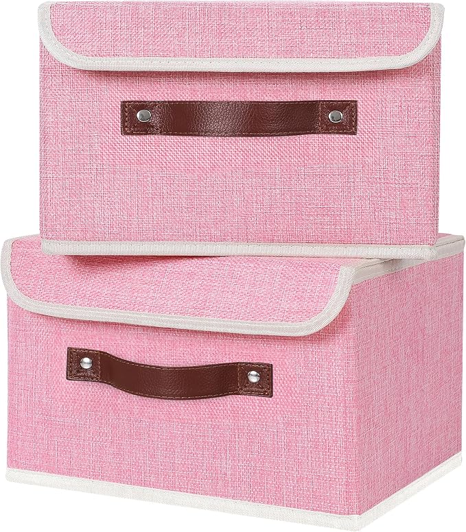 ANMINY 4PCS Storage Bins with Lid PU Leather Handles Storage Boxes PP Plastic Board Decorative Foldable Lidded Cotton Linen Fabric Home Cubes Baskets Closet Organizer Containers - Pink, Small Size - Image 2