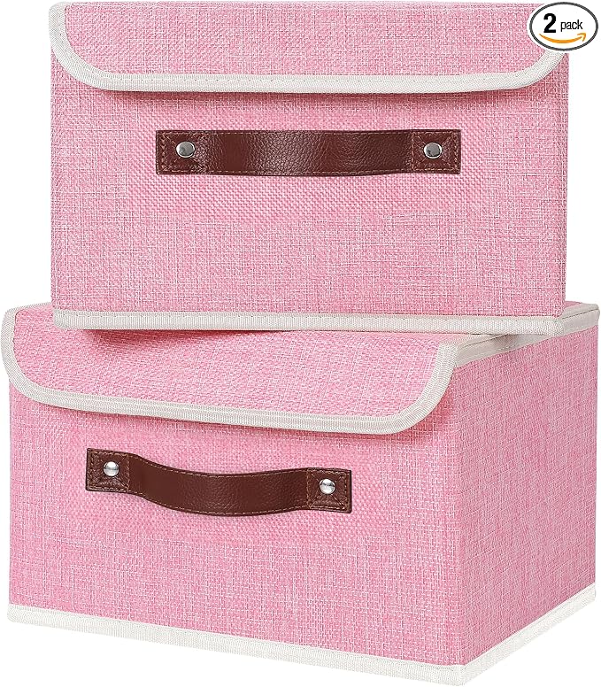 ANMINY 2PCS Storage Bins with Lid PU Leather Handles Storage Boxes PP Plastic Board Decorative Foldable Lidded Cotton Linen Fabric Home Cubes Baskets Closet Organizer Containers - Pink, Small Size by ANMINY