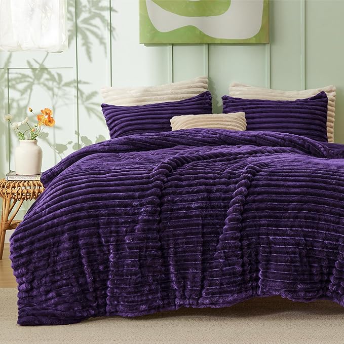 Bedsure Full Size Comforter Sets - GentleSoft™ 3 Pieces Double-Side Fleece Fluffy Purple Comforter Set, Cozy Striped Room Decor Aesthetic, Luxury Full Size Bedding, 2 Pillowcases, 82x86 Inches