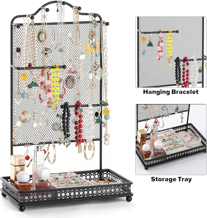 Meangood Black Jewelry Organizer Stand, Earring Holder Rack for Hanging Earrings Necklace Bracelets Watches Jewelry Display Large Rings Storage as Women Gift - Image 5