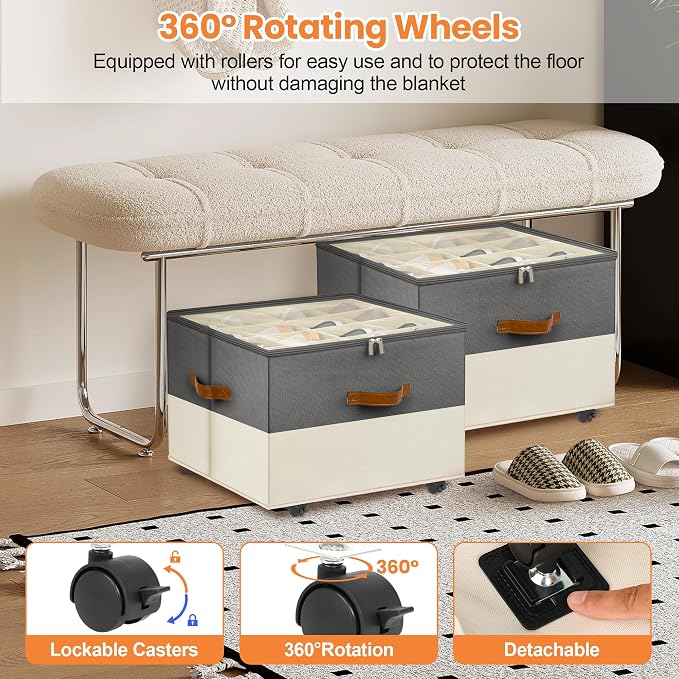 Shoe Organizer for Closet, 2 Pack Shoe Storage Organizer with Wheels and Adjustable Dividers, Stackable Shoe Storage Box with Clear Cover, Closet Shoe Organizer Fits up to 16-32 Pairs, Gray and Beige - Image 4