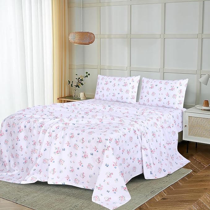 RUVANTI 100% Cotton Sheets – California King Percale Bedding, Cooling & Breathable Floral Design, Durable with a Crisp, Soft & Comfortable Feel, 14" Deep Pocket, 4-Piece Set, Funa Flora