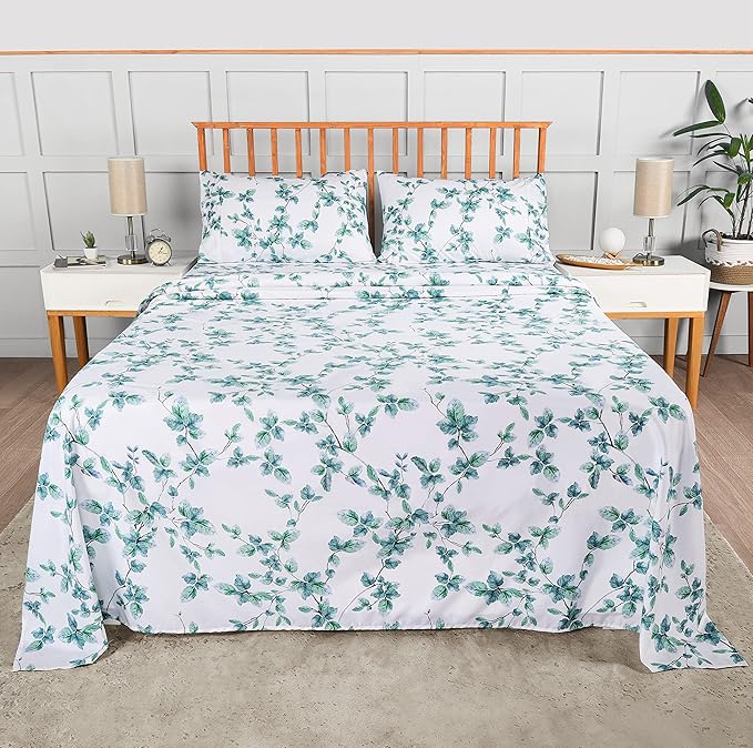 Utopia Bedding Queen Sheet Set, Soft Microfiber 4 Piece Bed Sheets with 15" Deep Pocket - Easy Care Brushed Microfiber (Leaves Mint - Green)