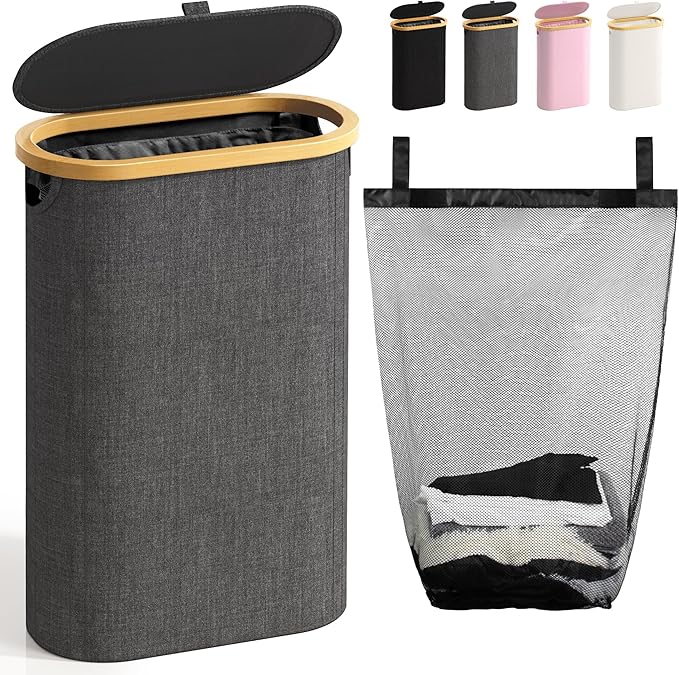 Slim Laundry Hamper with Lid, 60L Small Laundry Basket with Handles&Removable Bag, Thin Dirty Clothes Hampers for Laundry, Narrow Laundry Hampers for Bedroom Aesthetic, Dark Grey by Bathola
