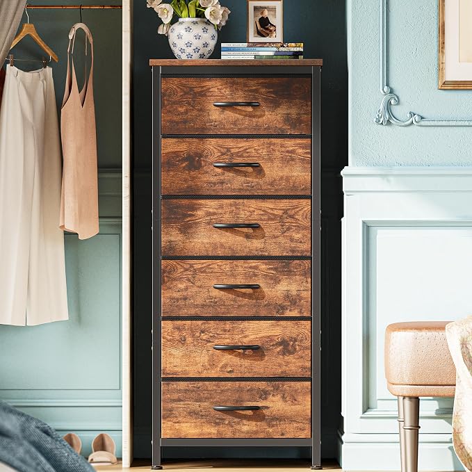 Huuger 43.3 Inch Tall Dresse for Bedroom, 6 Drawer Dresser & Chests of Drawers, Fabric Dresser for Closet, Bedroom, Night Stand, End Table with Metal Frame, Storage Tower, Rustic Brown by Huuger