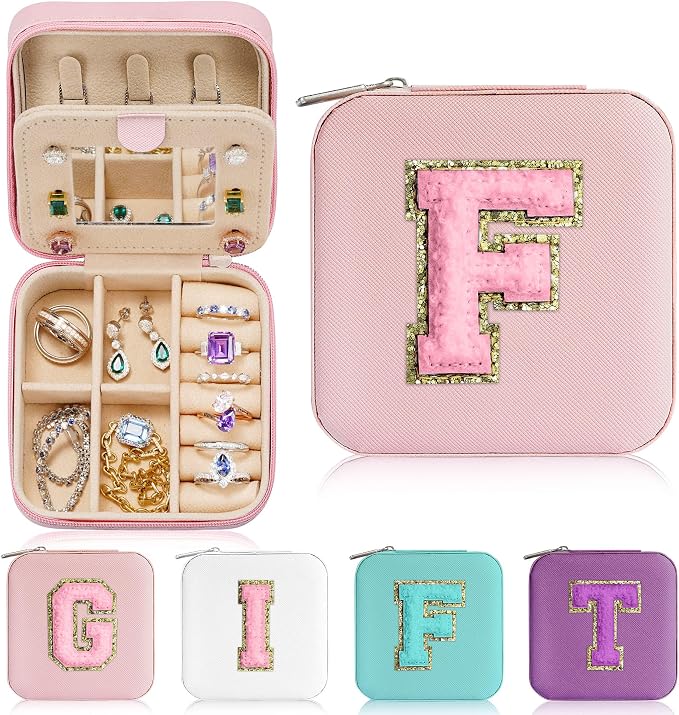 Parima Bridesmaid Gifts for Wedding Day, Women | Proposal Unique Travel Essentials Small Jewelry Box Case-Initial F Pink by PARIMA